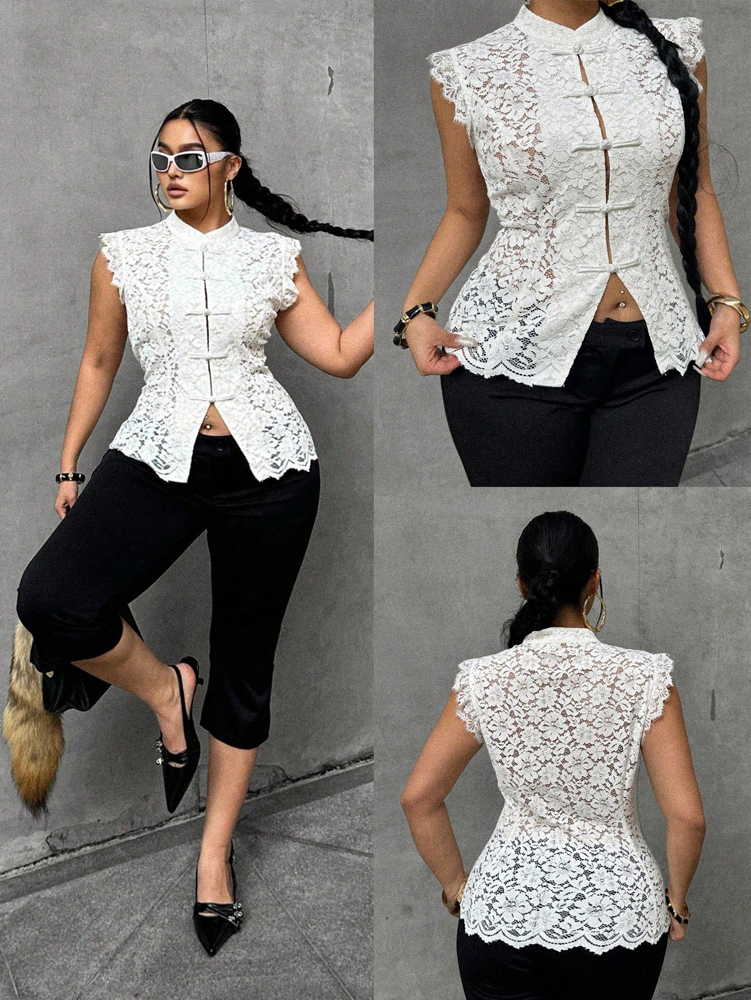 Plus Size Elegant Lace Blouse, - Shirt Camp Collar reseña y precio