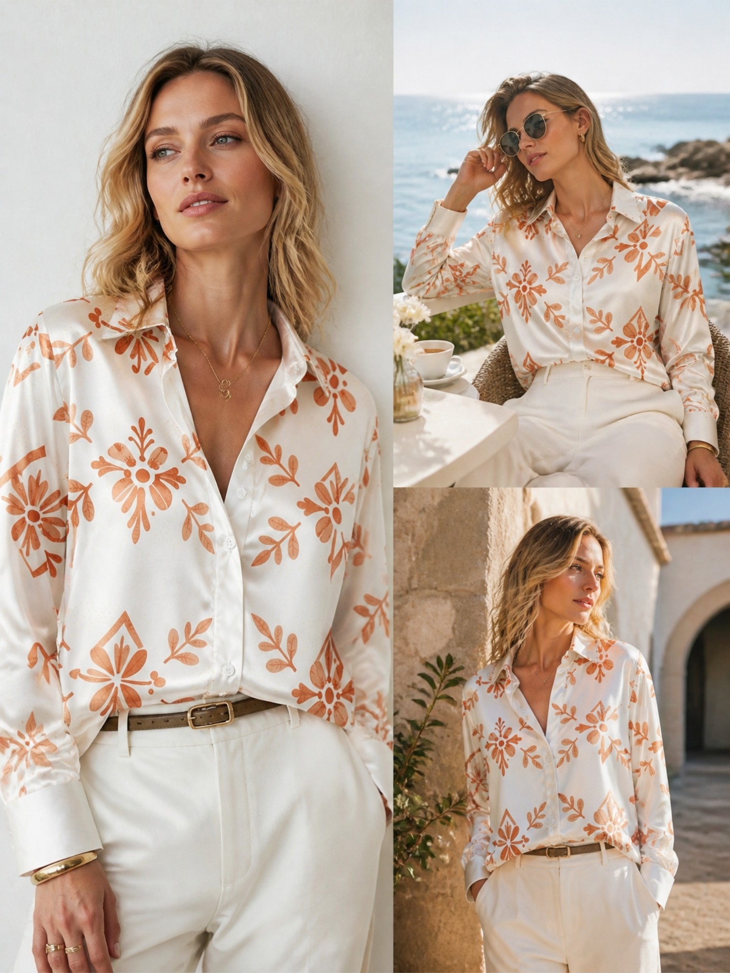 Cream Orange Floral Satin Blou - Resort Shirt Floral reseña y precio