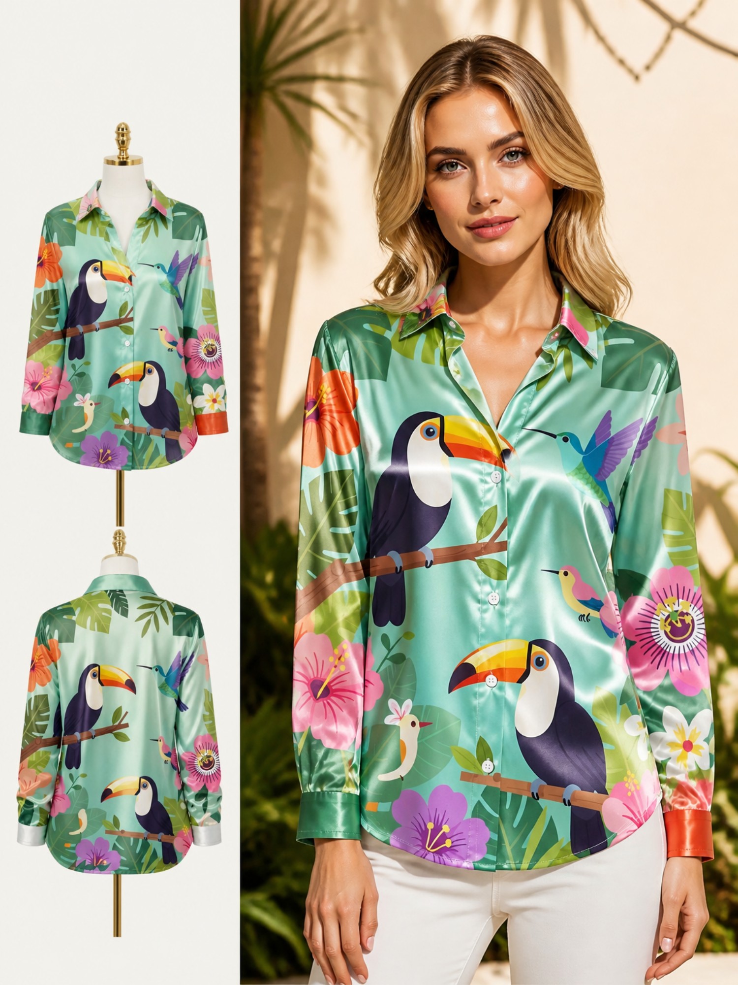 Mint Toucan Satin Button Shirt - Resort Shirt Floral reseña y precio