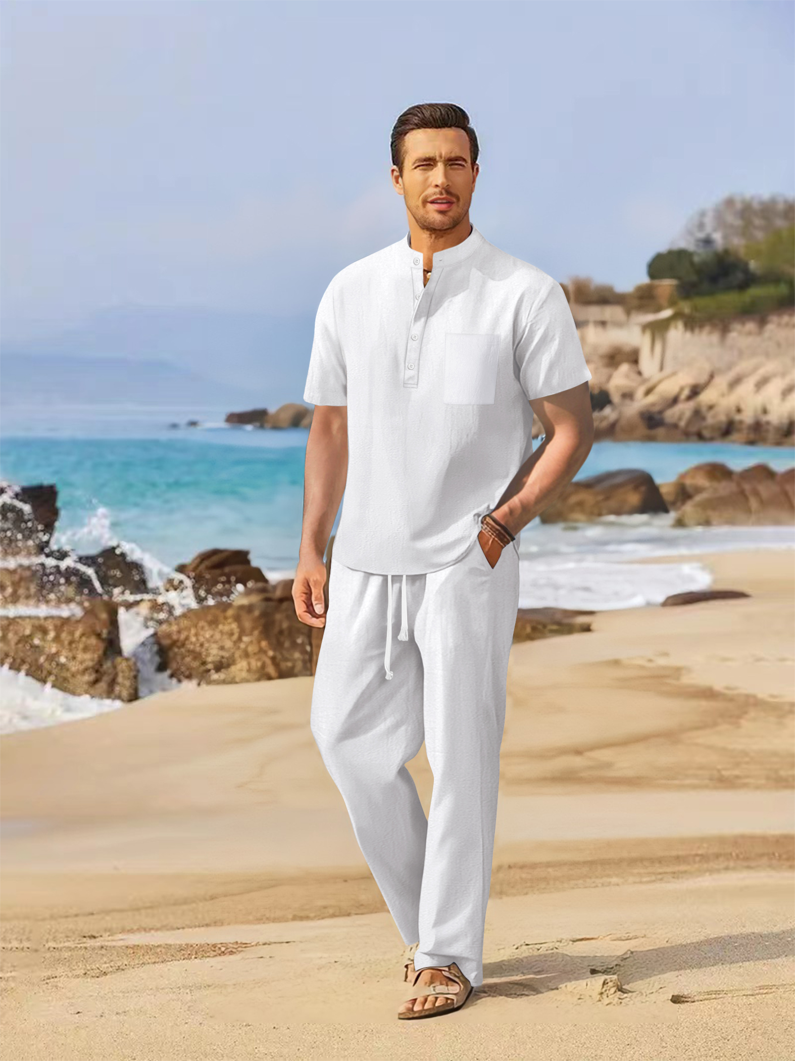 Summer men's cotton and linen  - Short Linen Drawstring reseña y precio