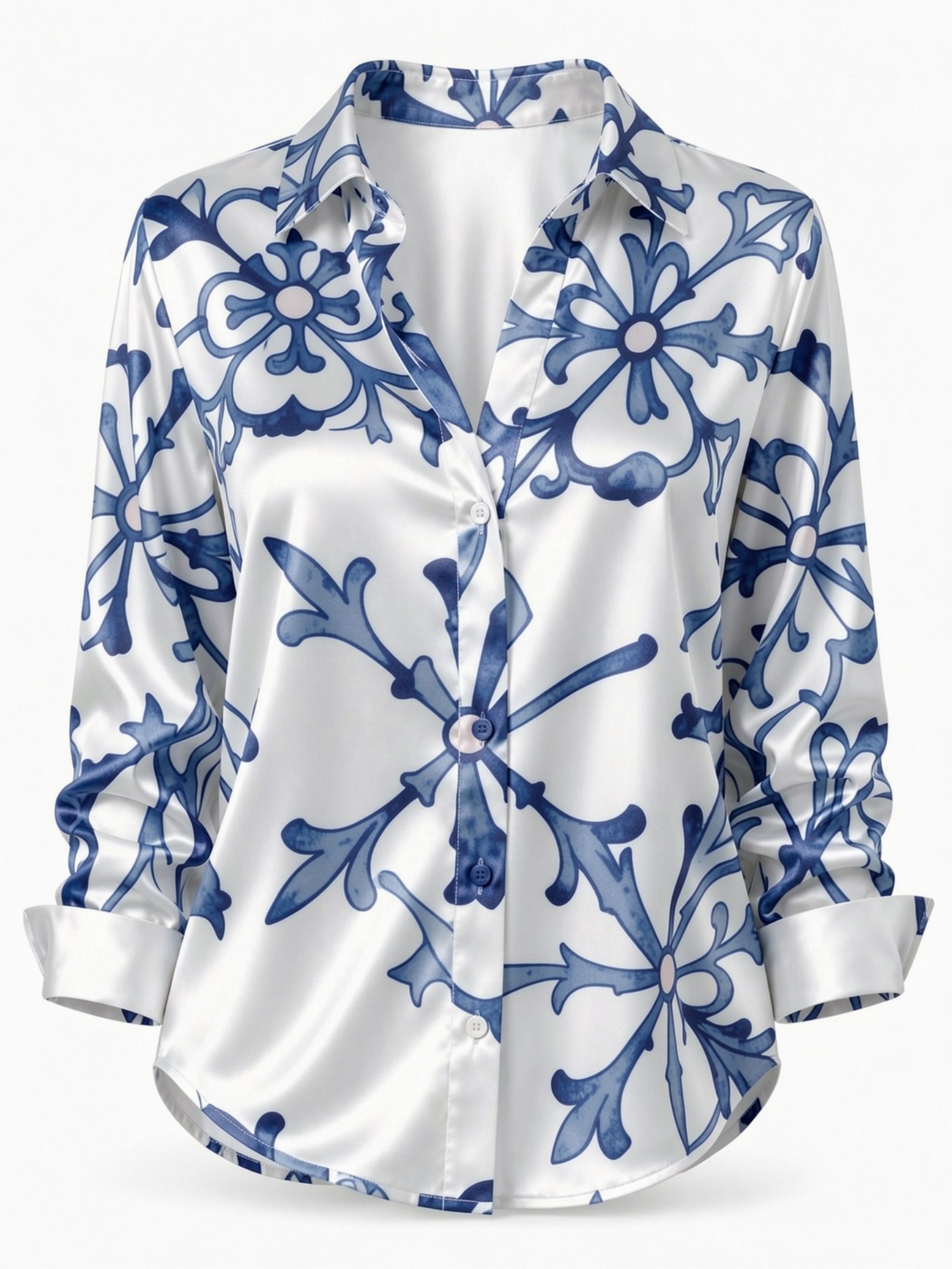 Blue Porcelain Floral Satin Bl - Resort Shirt Floral reseña y precio