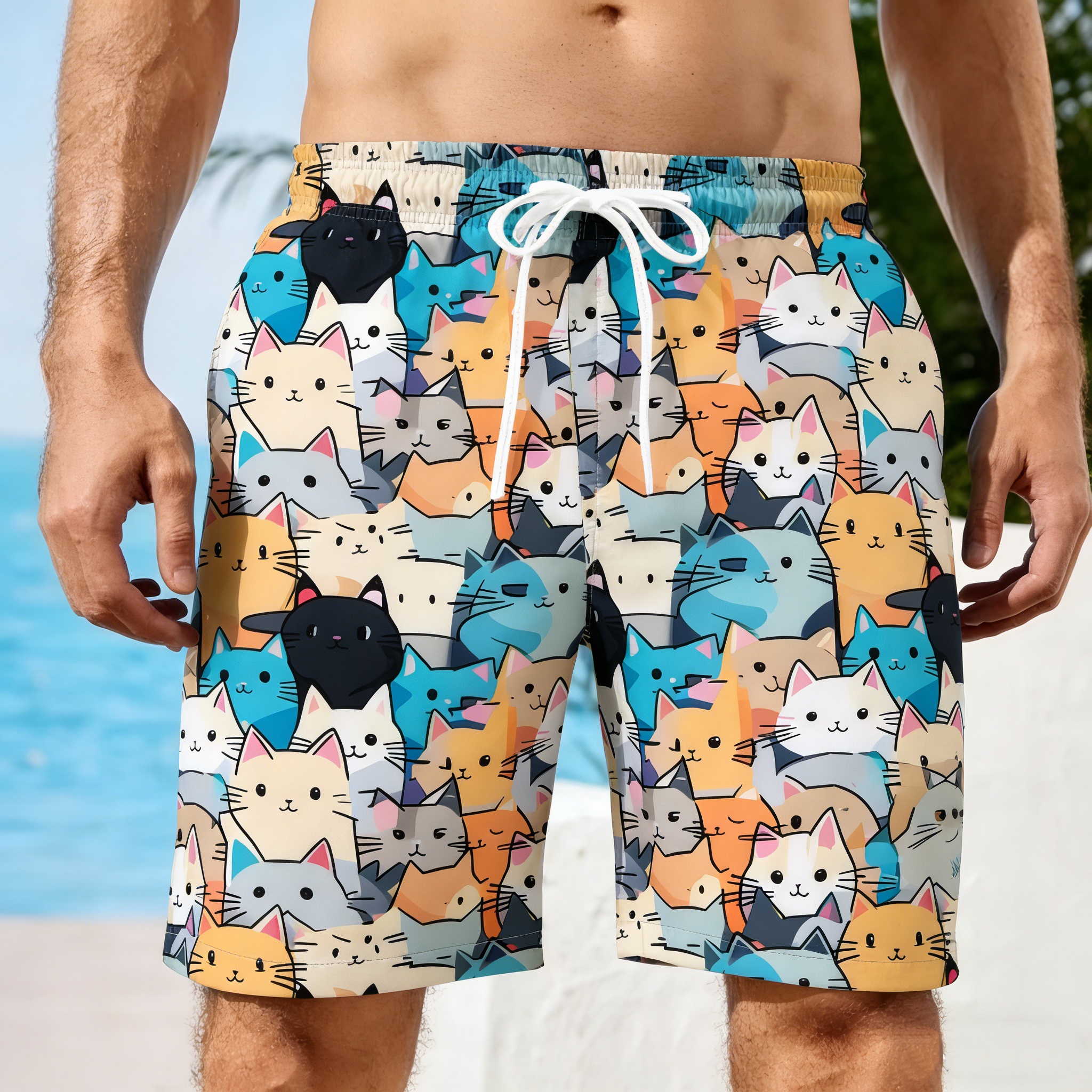 Men 3D Cat Graphic Beach Short - Trunks Board Surf reseña y precio
