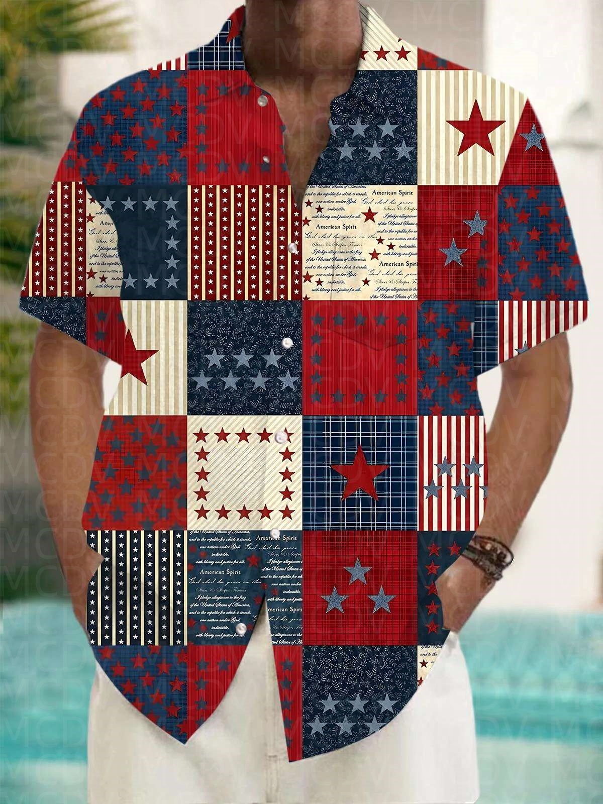 Flag Pattern Style Men's Hawai - Shirt Camp Collar reseña y precio