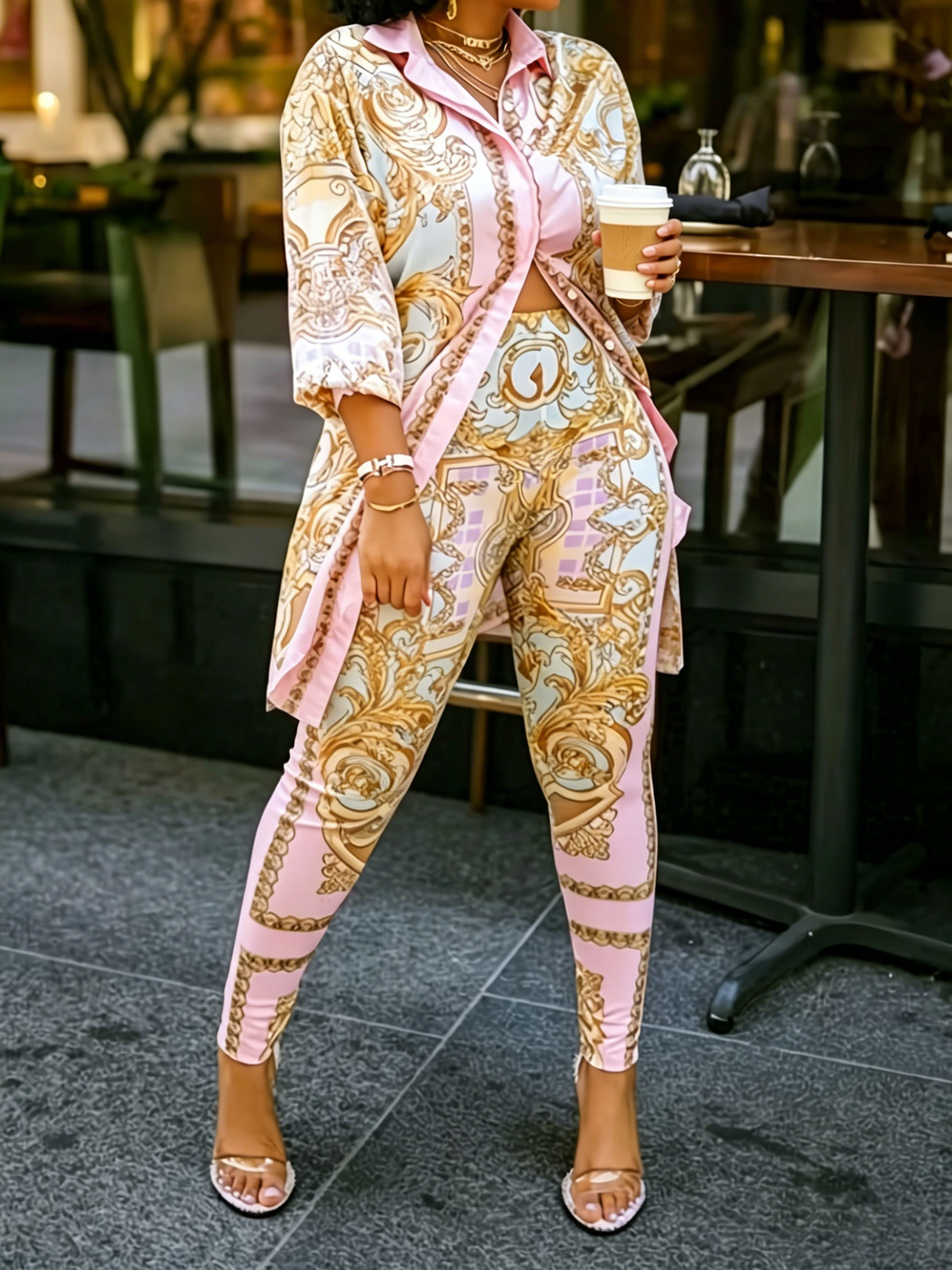 Women 2 Piece Set Ornate Print - Shirt Camp Collar reseña y precio